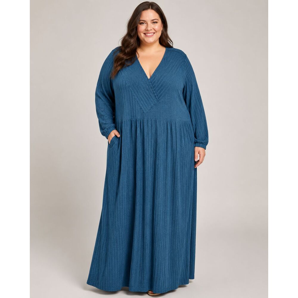 BloomChic Teal Ribbed Maxi Dress Size 30 Long Sleeve V-Neck NWT Plus Size
